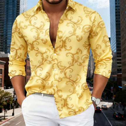 Business Casual Shirt Men Luxury Baroque Gold Pattern Long Tops - Business Casual Shirt - SPQ - Mad Fly Essentials