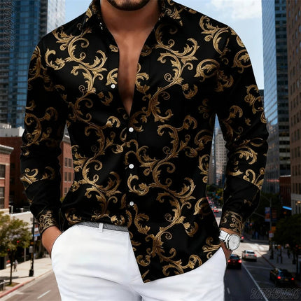Business Casual Shirt Men Luxury Baroque Gold Pattern Long Tops - Business Casual Shirt - SPQ - Mad Fly Essentials