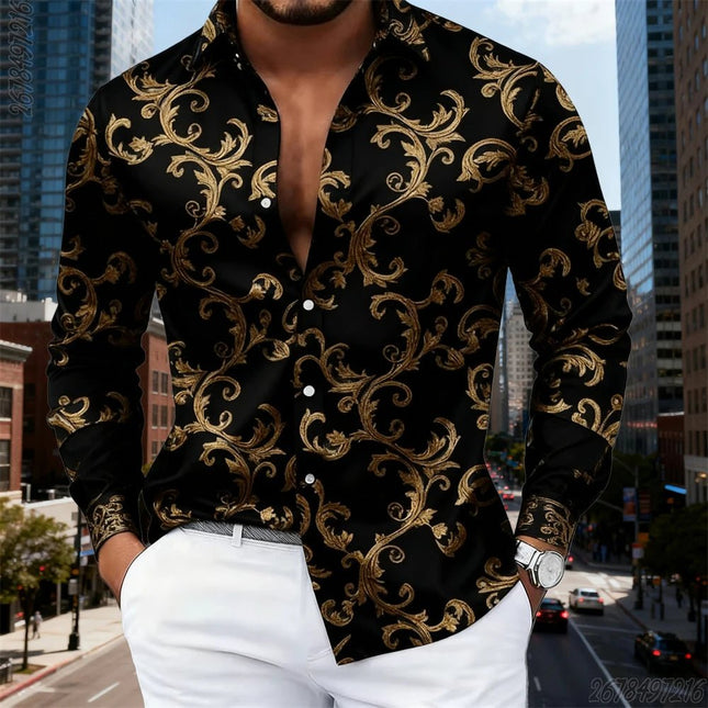 Business Casual Shirt Men Luxury Baroque Gold Pattern Long Tops - Business Casual Shirt - SPQ - Mad Fly Essentials