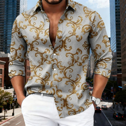 Business Casual Shirt Men Luxury Baroque Gold Pattern Long Tops - Business Casual Shirt - SPQ - Mad Fly Essentials