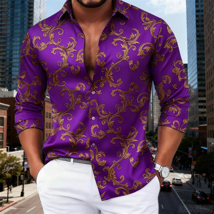 Business Casual Shirt Men Luxury Baroque Gold Pattern Long Tops - Business Casual Shirt - SPQ - Mad Fly Essentials