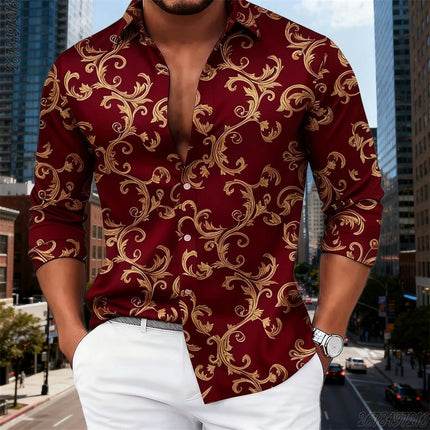 Business Casual Shirt Men Luxury Baroque Gold Pattern Long Tops - Business Casual Shirt - SPQ - Mad Fly Essentials