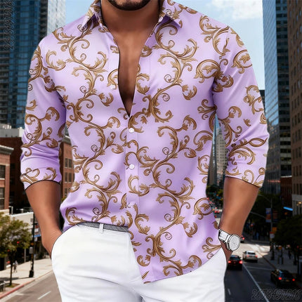 Business Casual Shirt Men Luxury Baroque Gold Pattern Long Tops - Business Casual Shirt - SPQ - Mad Fly Essentials