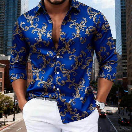 Business Casual Shirt Men Luxury Baroque Gold Pattern Long Tops - Business Casual Shirt - SPQ - Mad Fly Essentials