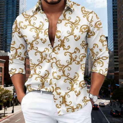 Business Casual Shirt Men Luxury Baroque Gold Pattern Long Tops - Business Casual Shirt - SPQ - Mad Fly Essentials