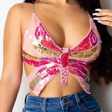 Women Pink Purple Sequin Butterfly Crop Tops - Mad Fly Essentials