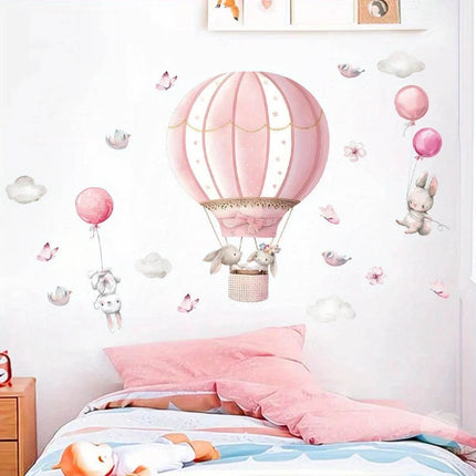 Cartoon 2pcs Rabbit Pink Balloon Clouds 3D Wall Sticker - 3D Wallpaper - jiadou - Melin - Mad Fly Essentials