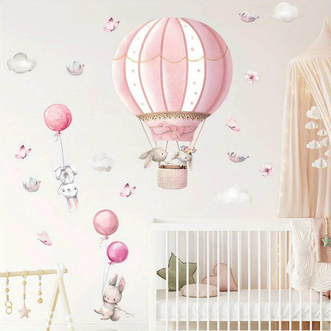 Cartoon 2pcs Rabbit Pink Balloon Clouds 3D Wall Sticker - 3D Wallpaper - jiadou - Melin - Mad Fly Essentials