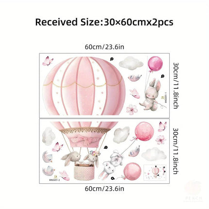 Cartoon 2pcs Rabbit Pink Balloon Clouds 3D Wall Sticker - 3D Wallpaper - jiadou - Melin - Mad Fly Essentials