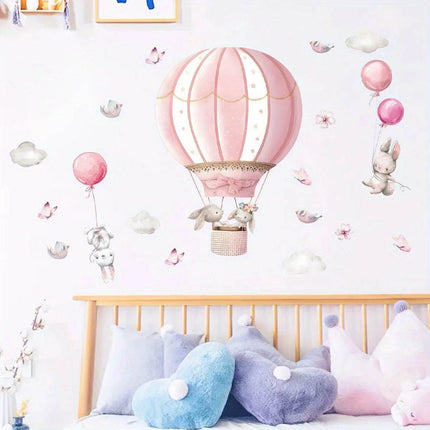 Cartoon 2pcs Rabbit Pink Balloon Clouds 3D Wall Sticker - 3D Wallpaper - jiadou - Melin - Mad Fly Essentials