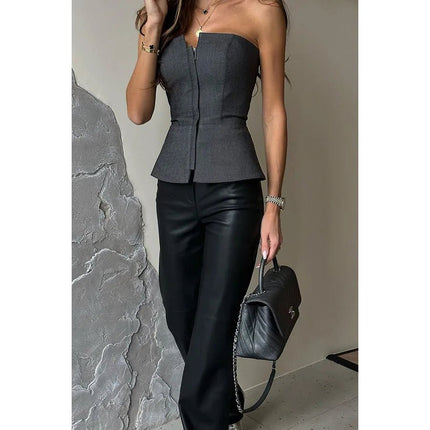 Crop Top Women Strapless Sleeveless Solid Zipper Top - Crop Top - Ahagaga - Mad Fly Essentials