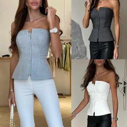 Crop Top Women Strapless Sleeveless Solid Zipper Top - Crop Top - Ahagaga - Mad Fly Essentials