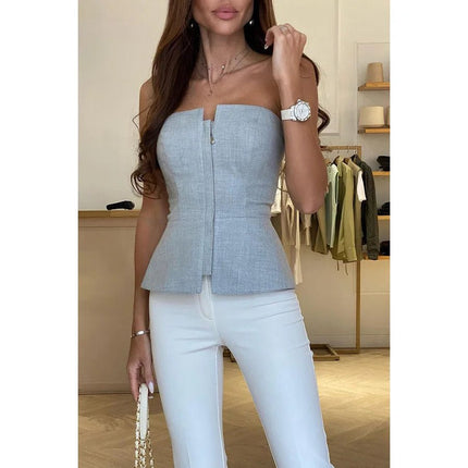 Crop Top Women Strapless Sleeveless Solid Zipper Top - Crop Top - Ahagaga - Mad Fly Essentials