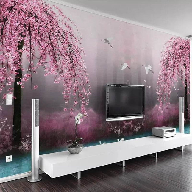 Custom 3D Pink Cherry Blossom Swan Mural Wallpaper - Mad Fly Essentials