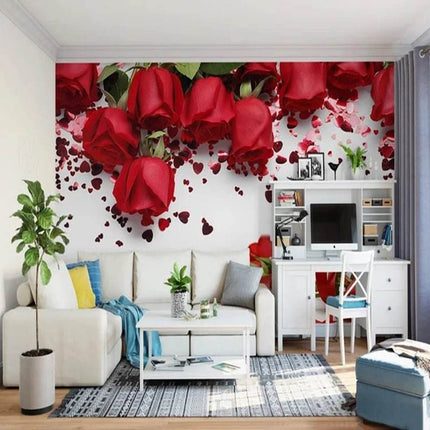 Custom Modern 3D Red Rose Romantic Floral Mural Wallpaper - Wallpaper - Bacal - Mad Fly Essentials