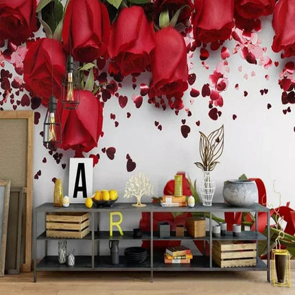 Custom Modern 3D Red Rose Romantic Floral Mural Wallpaper - Wallpaper - Bacal - Mad Fly Essentials
