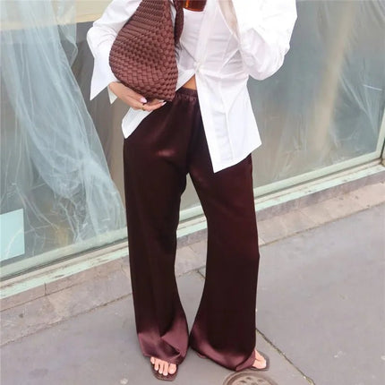 Dress Pants Women Wide Leg Solid Silk Office Trousers - Dress Pants - SK - Mad Fly Essentials