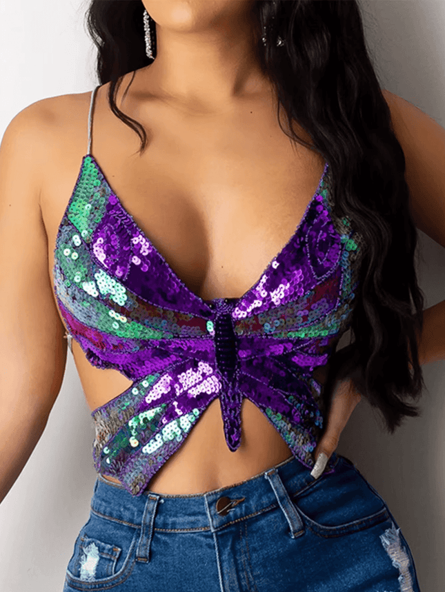 Women Pink Purple Sequin Butterfly Crop Tops - Mad Fly Essentials