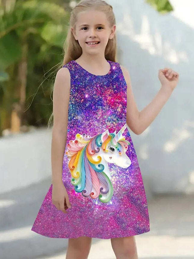 Girl Casual Sleeveless Unicorn Cartoon Party Dress - Party Dress - LZH - Mad Fly Essentials