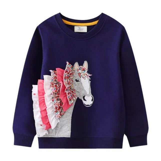Girl Horse Applique Autumn Cartoon Sweater - Mad Fly Essentials