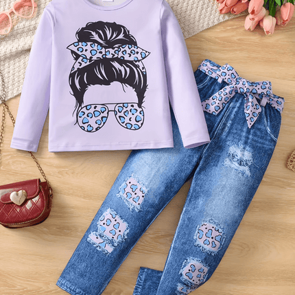 Girl Pink Purple Leopard Denim Fashion Clothing Set - Clothing Set - LJMOFA - Mad Fly Essentials