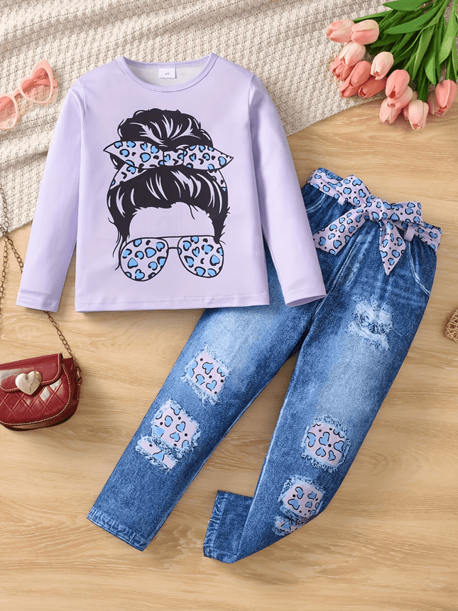 Girl Pink Purple Leopard Denim Fashion Clothing Set - Clothing Set - LJMOFA - Mad Fly Essentials