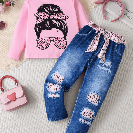 Girl Pink Purple Leopard Denim Fashion Clothing Set - Clothing Set - LJMOFA - Mad Fly Essentials