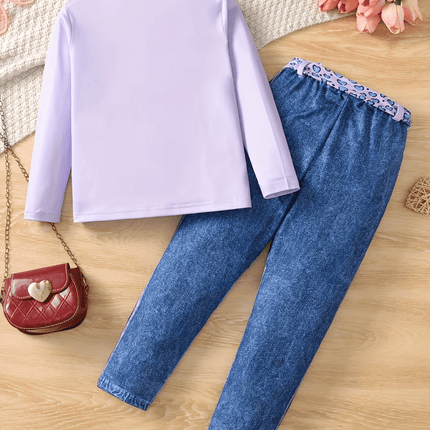 Girl Pink Purple Leopard Denim Fashion Clothing Set - Clothing Set - LJMOFA - Mad Fly Essentials