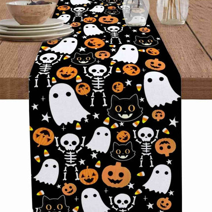 Halloween Pumpkin Ghost Skull Cat Linen Table Runner Party Decor - Mad Fly Essentials