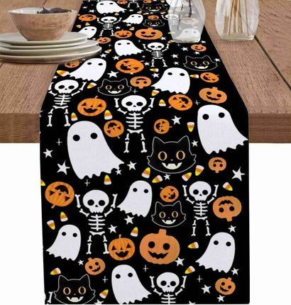 Halloween Pumpkin Ghost Skull Cat Linen Table Runner Party Decor - Mad Fly Essentials