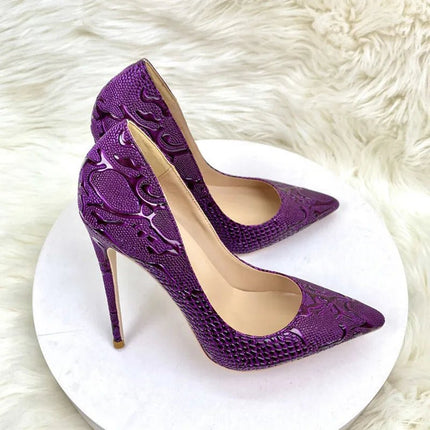 High Heels Women Purple Floral Embossed Crocodile Effect Heels - High Heels - Tikicup - Mad Fly Essentials