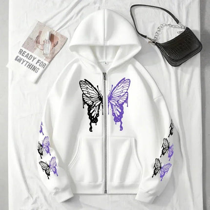 Hoodies Women White Butterfly Gothic Pullover - Hoodies - Ayhoog - Mad Fly Essentials