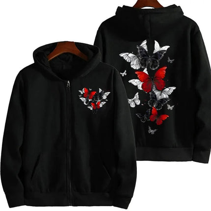 Hoodies Women Zipper Red Black Butterfly Pullover - Hoodies - Goth Dark - Mad Fly Essentials
