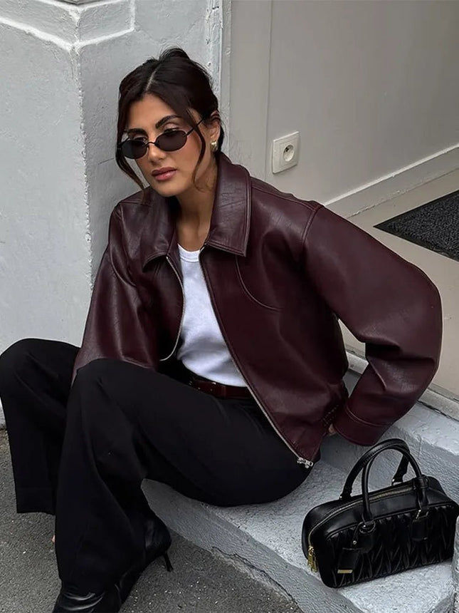 Jacket Women Vintage Wine Red Leather Lapel Outerwear - Jacket - Hageofly - Mad Fly Essentials