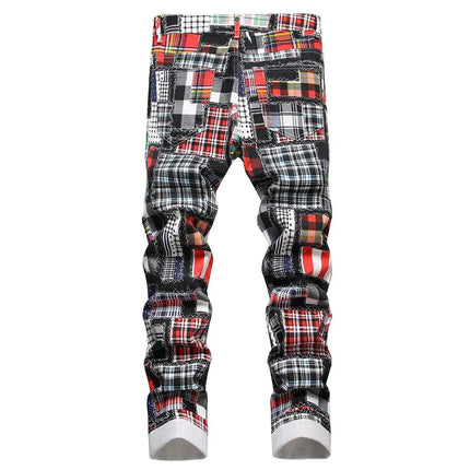 Jeans Men Plaid Digital Slim Patchwork Pants - Business Casual Pants - Being Vigor - Mad Fly Essentials