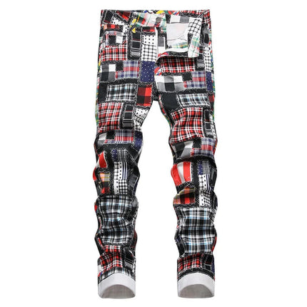 Jeans Men Plaid Digital Slim Patchwork Pants - Business Casual Pants - Being Vigor - Mad Fly Essentials