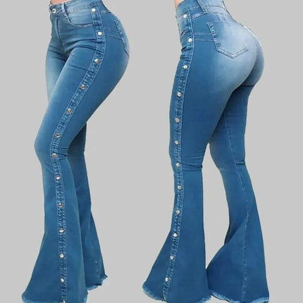 Jeans Women High Waist Button Flare Pants - Jeans - VODA MOMO - Mad Fly Essentials