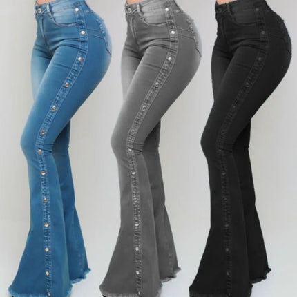 Jeans Women High Waist Button Flare Pants - Jeans - VODA MOMO - Mad Fly Essentials