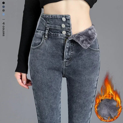 Jeans Women Skinny High Waist Velvet Fleece Pants - Jeans - BLEASENDY - Mad Fly Essentials