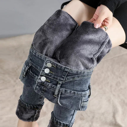 Jeans Women Skinny High Waist Velvet Fleece Pants - Jeans - BLEASENDY - Mad Fly Essentials