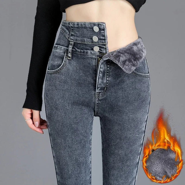 Jeans Women Skinny High Waist Velvet Fleece Pants - Jeans - BLEASENDY - Mad Fly Essentials