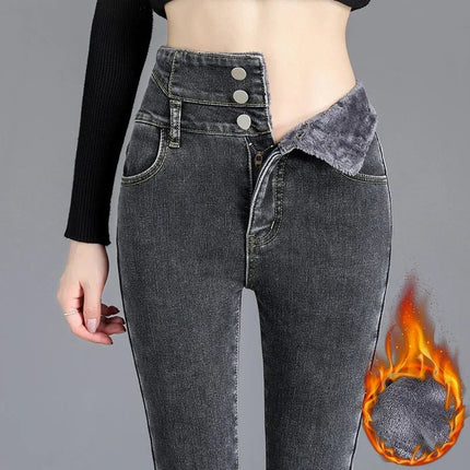 Jeans Women Skinny High Waist Velvet Fleece Pants - Jeans - BLEASENDY - Mad Fly Essentials
