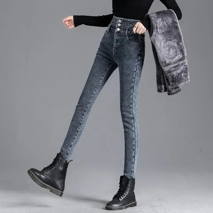 Jeans Women Skinny High Waist Velvet Fleece Pants - Jeans - BLEASENDY - Mad Fly Essentials