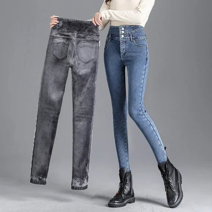 Jeans Women Skinny High Waist Velvet Fleece Pants - Jeans - BLEASENDY - Mad Fly Essentials