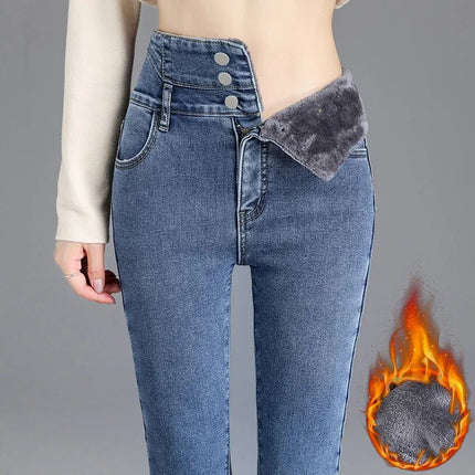 Jeans Women Skinny High Waist Velvet Fleece Pants - Jeans - BLEASENDY - Mad Fly Essentials