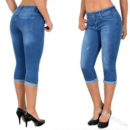 Jeans Women Solid High Waist Slim Fit Capri Pants - Jeans - HFSHY - Mad Fly Essentials
