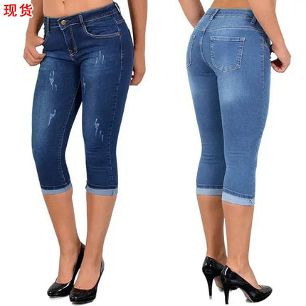 Jeans Women Solid High Waist Slim Fit Capri Pants - Jeans - HFSHY - Mad Fly Essentials