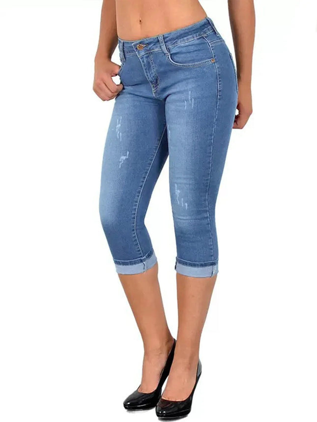 Jeans Women Solid High Waist Slim Fit Capri Pants - Jeans - HFSHY - Mad Fly Essentials