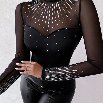 Jumpsuit Women Solid Long Contrast Rhinestone Bodysuit - Jumpsuit - Macheda - Mad Fly Essentials