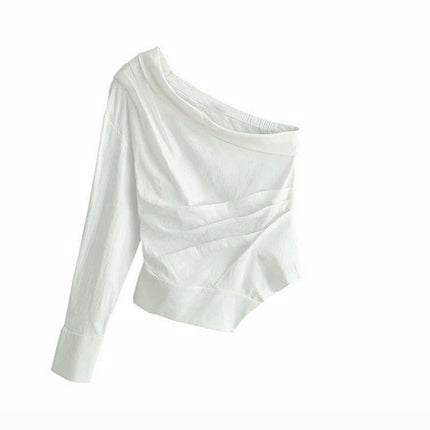 Women White One Shoulder Linen Blouse - Women's Shop Mad Fly Essentials
